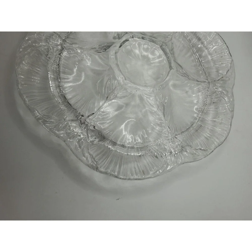 L.E. Smith Clear Glass Oyster Plate 6 Well Seafood Serving Dish Vintage 9